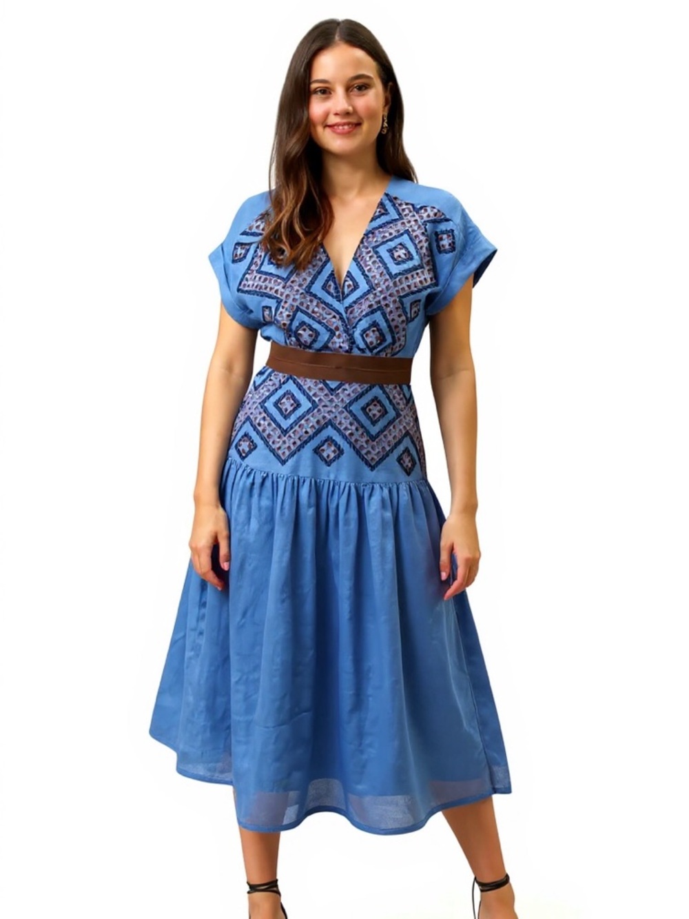 Silvia Tcherassi Blue Embroidered V-Neck Midi Dress with Brown Belt